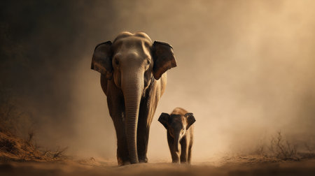 Elephant mother walks confidently along a dusty trail at sunset, guiding her baby through a warm, cinematic landscape.の素材