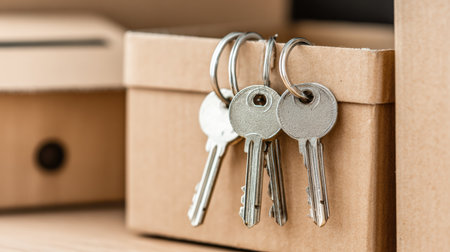Keys are visible in an open door while cardboard boxes fill the apartment, indicating a moving day effort in progress.の素材