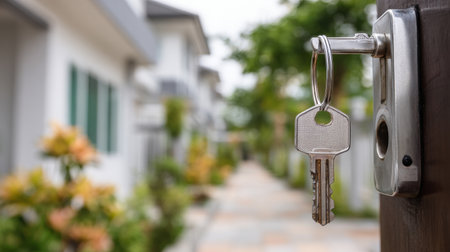 A key hangs from a modern door lock, inviting exploration of the blurred interior and suggesting a new chapter in life.の素材