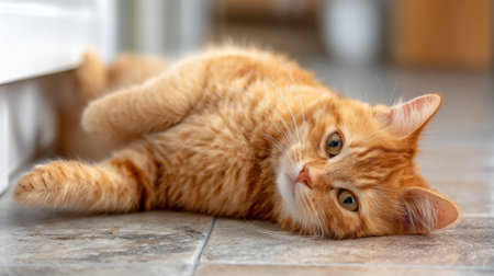 An orange cat rolls happily on a smooth floor, showing its playful nature in a bright, clean room during the afternoon.の素材