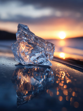 Melting ice rests on the surface of a car, capturing the vibrant colors of sunset and reflecting the seasonal transition.の素材