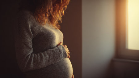 Soft morning light fills the room as a pregnant woman touches her belly with a serene smile, enjoying a moment of connection and reflection.の素材