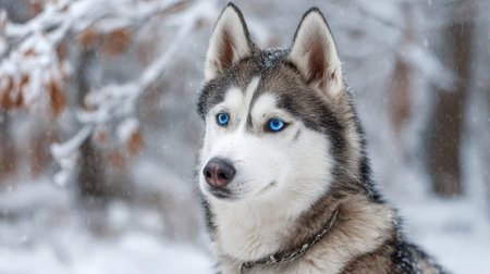 Close-up portrait of a Siberian husky displaying bright blue eyes, surrounded by soft snow in a serene winter landscape.の素材