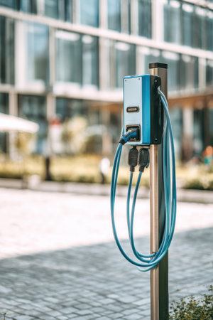 Electric vehicle charging station features power cables ready for use, showing green energy technology in a contemporary environment.の素材