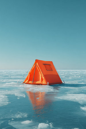 Bright orange tent set up on a frozen lake, surrounded by a serene landscape and clear blue skies, perfect for fishing.の素材