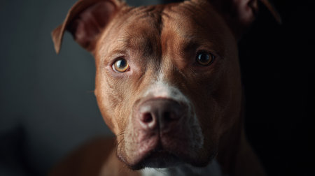 Portrait of a pitbull displaying a calm and gentle expression, illuminated by bright neutral light, creating a soothing atmosphere.の素材
