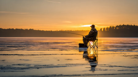 Early morning finds a lone fisherman seated on a chair, casting a line into a frozen lake, with a stunning sunrise reflecting on the ice.の素材