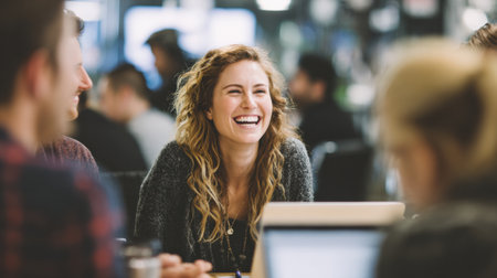 Group of professionals engaged in a lively discussion around a table, sharing laughter in a well-designed office space.の素材