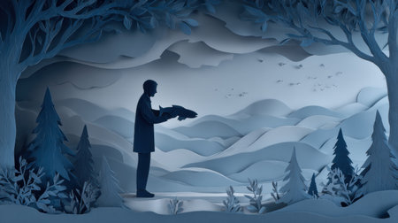 A man stands holding a fish in an artfully crafted layered paper scene filled with trees and rolling snow-covered hills, creating a serene atmosphere.の素材
