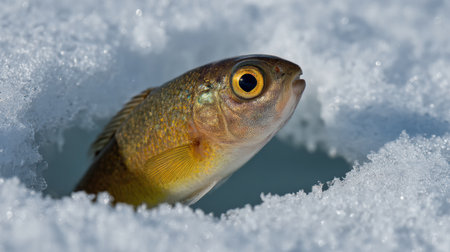 A single fish emerges from a circular icy hole, highlighting its vibrant scales against the cold water and icy texture surrounding it.の素材