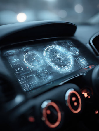 Holographic diagnostics are shown on a digital dashboard interface in a high-tech car cabin, illuminated in low light.の素材
