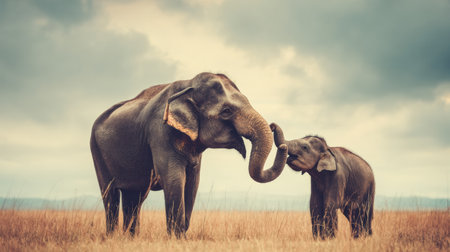 In a serene grass field, a mother elephant gently interacts with her baby, embodying love and protection against a soft pastel sky.の素材