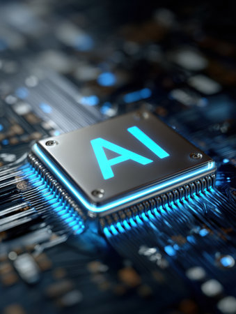 Detailed macro shot reveals a glowing blue AI chip, representing innovative progress in technology.の素材