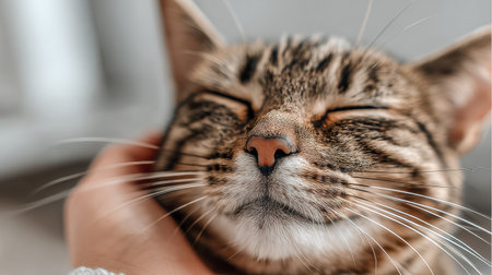 A cat closes its eyes in bliss while being petted, displaying deep trust and a relaxed mood in a peaceful home environment.の素材