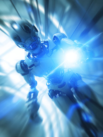 A robot in a bright tunnel assembles car parts with precision and speed, showing advanced manufacturing techniques.の素材