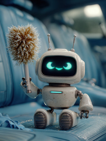 Little robot uses glowing brush to clean car interior in a sci-fi workshop, showcasing innovative technology and design.の素材
