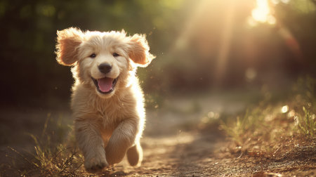 A puppy leaps with excitement in a garden bathed in sunlight, embodying pure joy and playful motion with a captivating blur.の素材