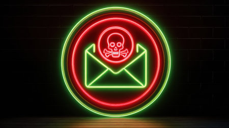 A bright depiction of a phishing attempt with a glowing email icon and danger symbols, illustrating online threats vividly.の素材