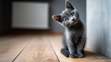 A gray kitten sits on a smooth wooden floor with its head tilted, looking curious in a warm, cozy room during the day.の素材