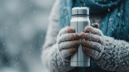 Person cups a thermos in their gloved hands as gentle snowflakes fall in a peaceful winter setting, creating a cozy atmosphere.の素材