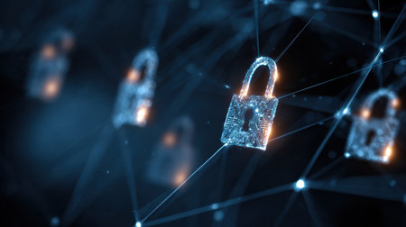 Data transmission lines feature digital locks and shield patterns, showcasing a strong network security environment for protecting information.の素材