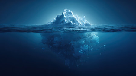 A massive iceberg breaks through the ocean surface, surrounded by deep blue water, symbolizing climate change and environmental impact.の素材