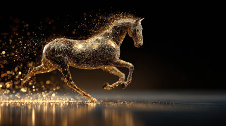 A stunning golden horse runs gracefully, its movement enhanced by glowing particles, reflecting strength and abundance in a dark environment.の素材