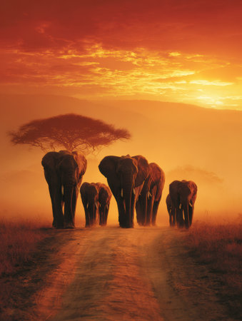 A family of elephants strolls through a golden savanna during sunrise, creating a serene atmosphere filled with warm tones and tranquility.の素材