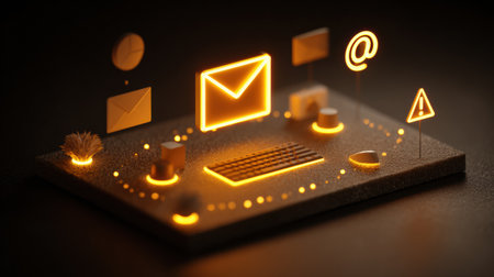 Glowing email icon and danger symbols illustrate a phishing attempt, highlighting online security risks in a digital environment.の素材