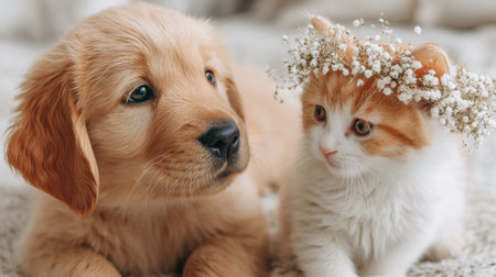 A golden puppy with a delicate flower crown rests next to a playful orange and white kitten in a serene indoor setting, enhancing the gentle vibe.の素材