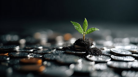 A green seedling grows from a pile of silver coins, representing the connection between investment and environmental sustainability.の素材