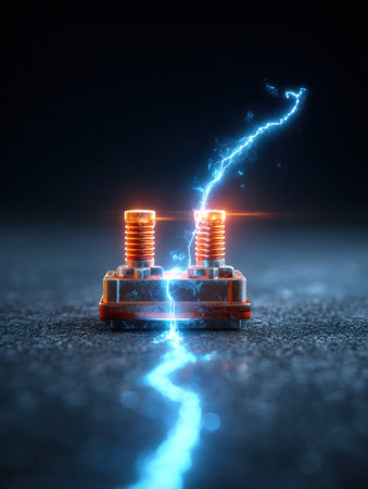 Bright electric spark bridges the gap between two car battery terminals, creating a dramatic scene in a dark environment.の素材