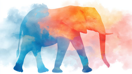 This artwork features an elephant rendered in watercolor, showing a blend of soft pastels against a clean white backdrop.の素材