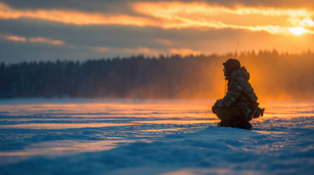 A fisherman kneels beside a new ice hole as the sun rises, illuminating his face with warm light in a serene winter setting.の素材