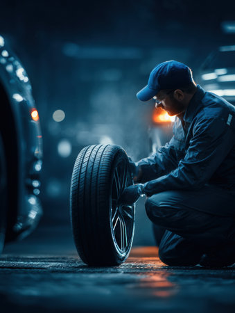 Mechanic in uniform changes a car tire in a bright workshop, ensuring a safe and reliable service for vehicle owners.の素材