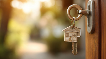 Excitement fills the air as house keys are placed in the keyhole on moving day at a new residence, marking a significant milestone.の素材