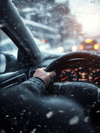 On a snowy day, a driver prepares to start the car engine, seeing dashboard lights glow as snow falls outside.の素材