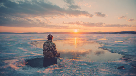 Fisherman enjoys a peaceful moment by an ice hole at sunset, reflecting warm tones on the frozen lake surface.の素材