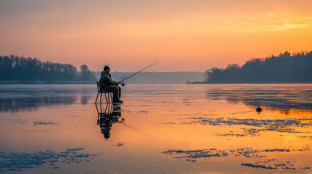 Silhouetted against a bright sunrise, a fisherman sits calmly on a folding chair, fishing on a frozen lake with a peaceful atmosphere.の素材