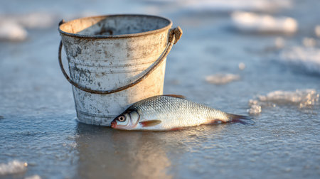 A freshly caught fish rests on the icy surface next to a weathered bucket, highlighting the excitement of winter fishing activities.の素材