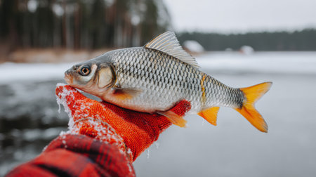 A fisherman shows off a freshly caught fish while standing on the edge of a frozen lake, showcasing patience and determination during winter fishing.の素材