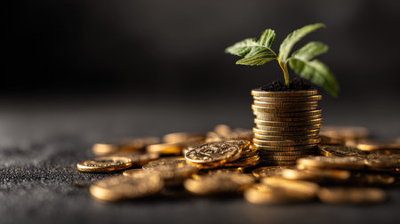A vibrant green sprout grows from a stack of gold coins, illustrating the concept of financial investment and profit growth.の素材