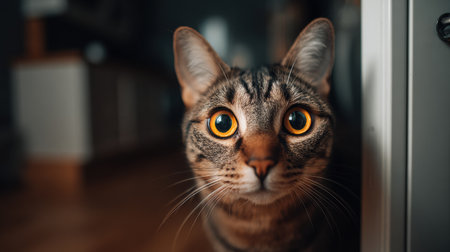 A curious cat looks intently at the camera with wide, surprised eyes in a softly lit indoor space, capturing a moment of wonder.の素材