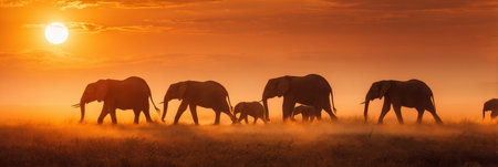 Elephant family strolls across the golden savanna at sunrise, showcasing a breathtaking moment filled with warmth and beauty.の素材