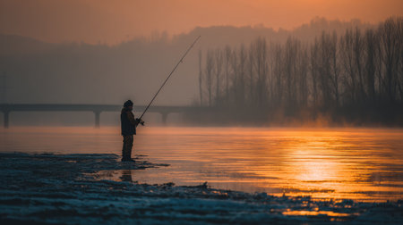 A solitary man fishes on a frozen lake at sunrise, surrounded by a tranquil winter landscape bathed in warm sunlight.の素材