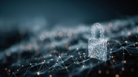 A digital lock symbolizing cyber security stands out against a network of interconnected nodes, representing information protection in technology.の素材