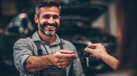 Customer joyfully receives car keys from mechanic in a well-organized workshop during daylight hours.の素材