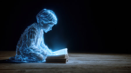 A young student engages with a holographic AI tutor, focused on reading a book in a dark, modern classroom setting.の素材