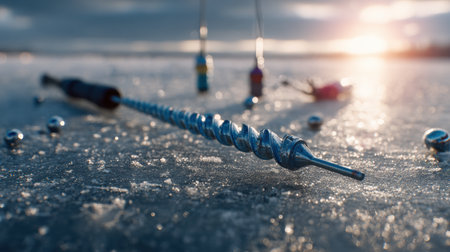 Fishing gear and an auger drill are set up beside an ice hole on a frosty lake at sunset, capturing the essence of winter sports.の素材