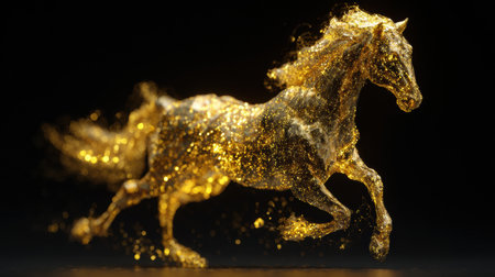 A 3d golden horse is galloping swiftly, surrounded by shimmering particles that represent strength and wealth in a dynamic scene.の素材